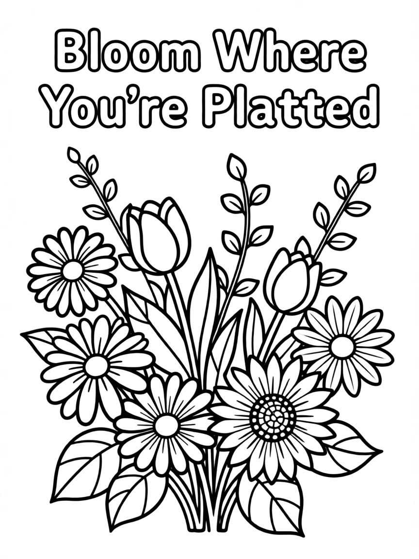 **Bloom Where You're Planted** floral coloring page, include the text "Bloom Where You're Planted".