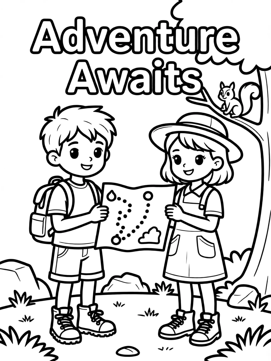 **Adventure Awaits** exploration coloring page, include the text "Adventure Awaits".