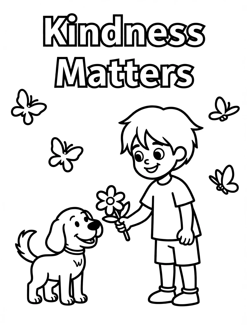 **Kindness Matters** compassionate coloring page, include the text "Kindness Matters".