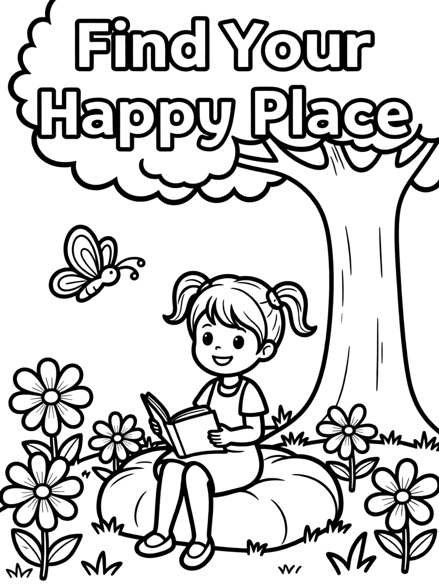 **Find Your Happy Place** joyful scene coloring page, include the text "Find Your Happy Place".