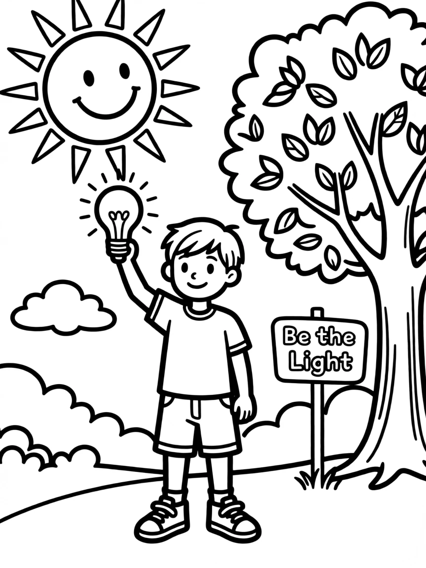**Be the Light** illuminating coloring page, include the text "Be the Light".