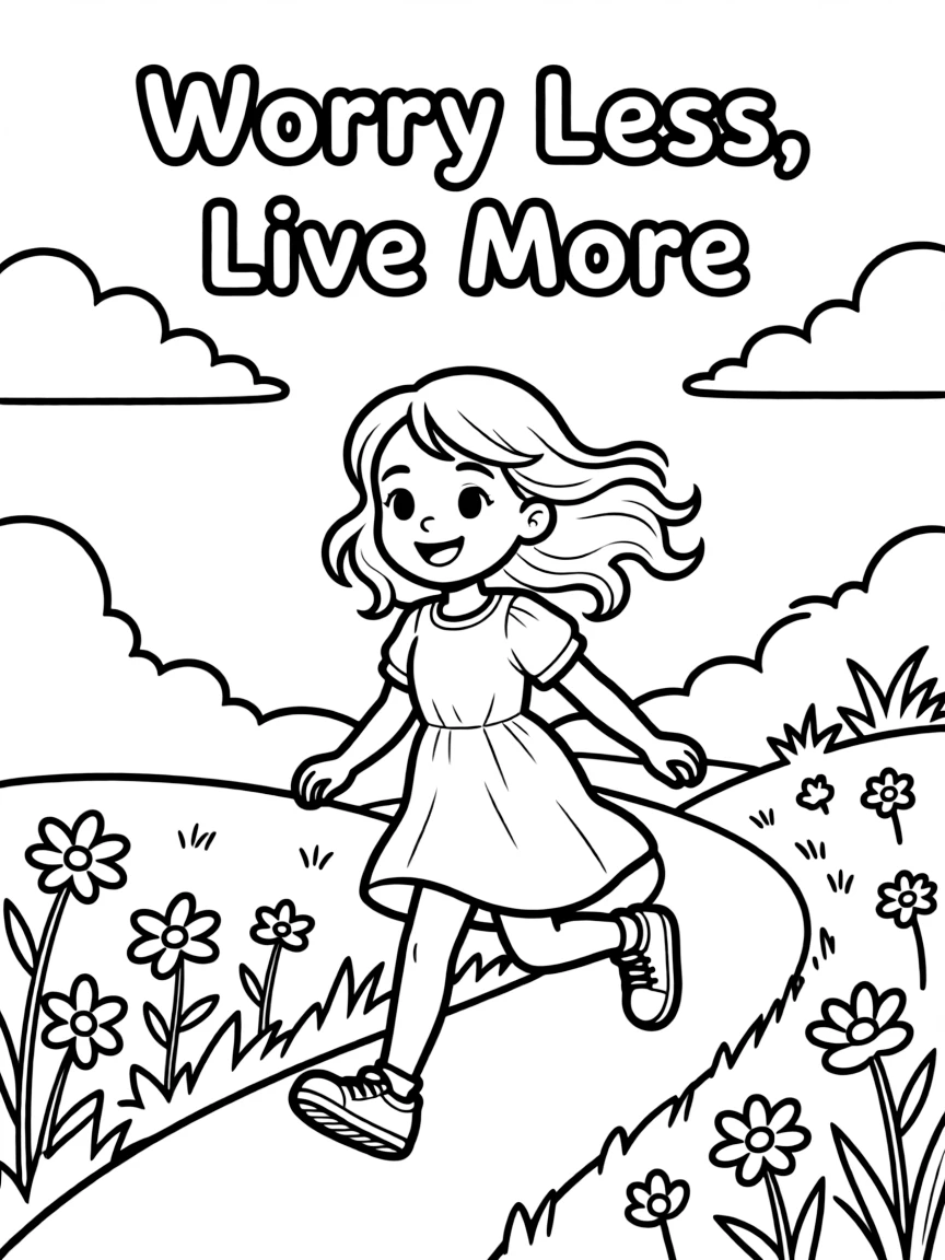 **Worry Less, Live More** carefree coloring page, include the text "Worry Less, Live More".