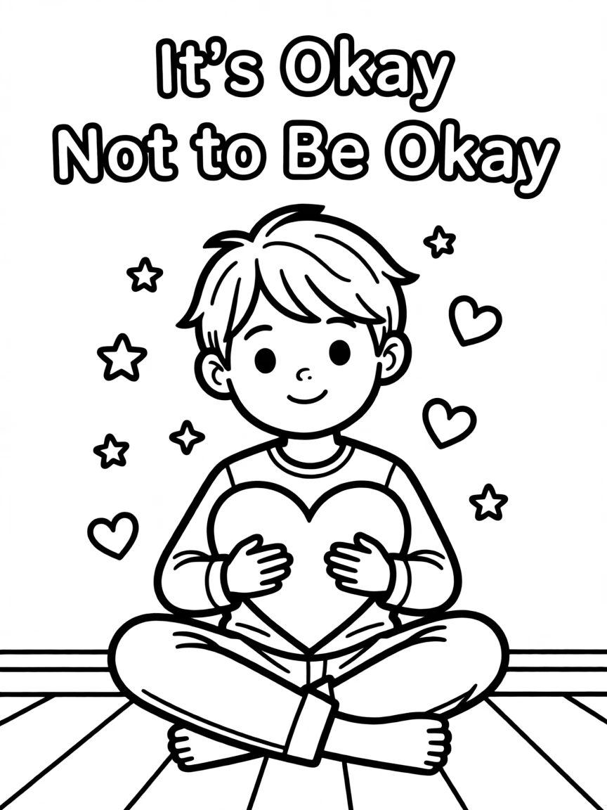 **It's Okay Not to Be Okay** compassionate coloring page, include the text "It's Okay Not to Be Okay".