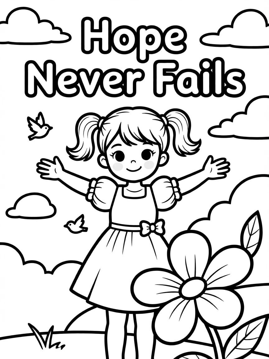 **Hope Never Fails** enduring hope coloring page, include the text "Hope Never Fails".