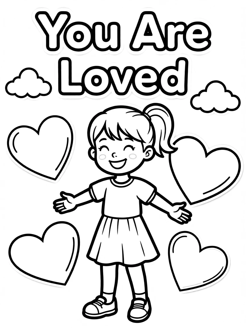 **You Are Loved** affectionate coloring page, include the text "You Are Loved".