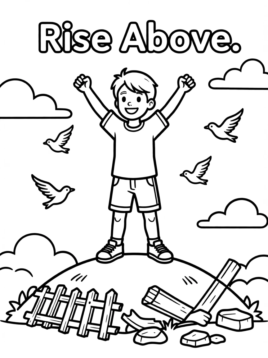 **Rise Above** overcoming challenges coloring page, include the text "Rise Above".