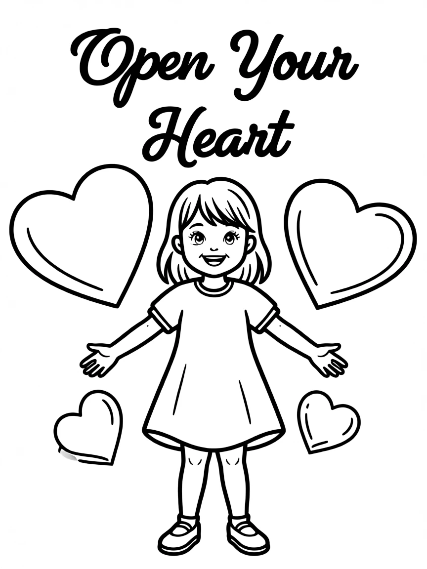 **Open Your Heart** loving coloring page, include the text "Open Your Heart".