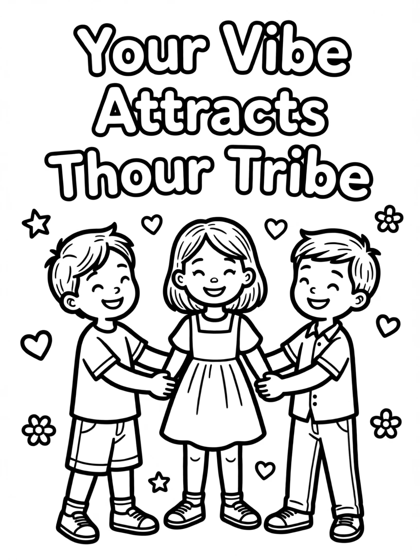 **Your Vibe Attracts Your Tribe** community coloring page, include the text "Your Vibe Attracts Your Tribe".