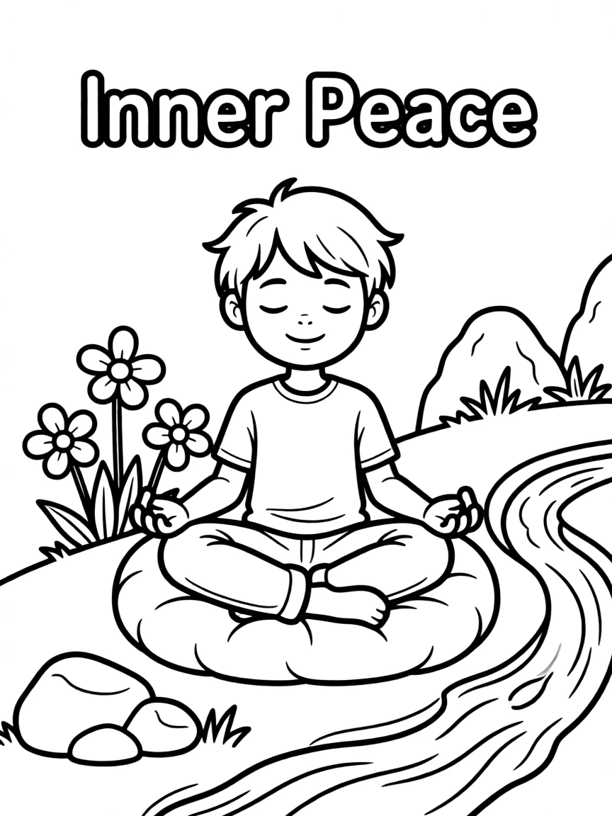 **Inner Peace** tranquil coloring page, include the text "Inner Peace".
