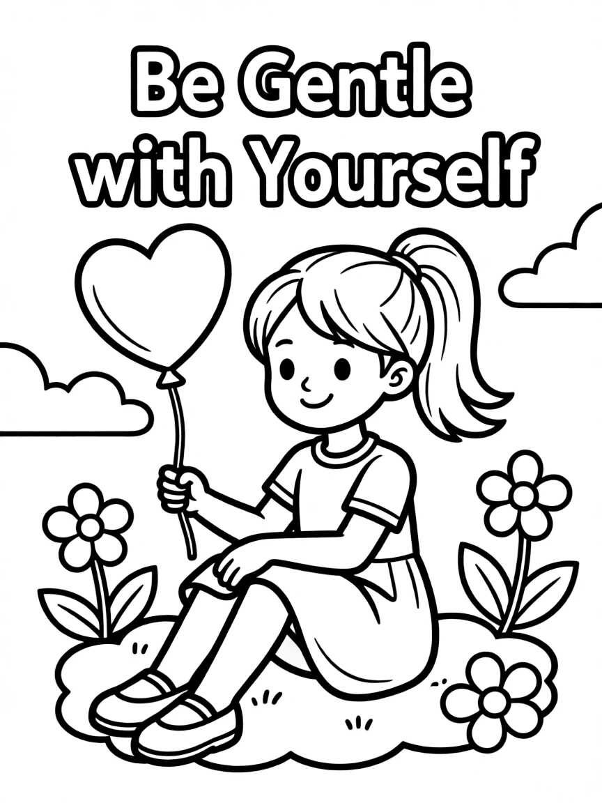 **Be Gentle with Yourself** self-compassion coloring page, include the text "Be Gentle with Yourself".