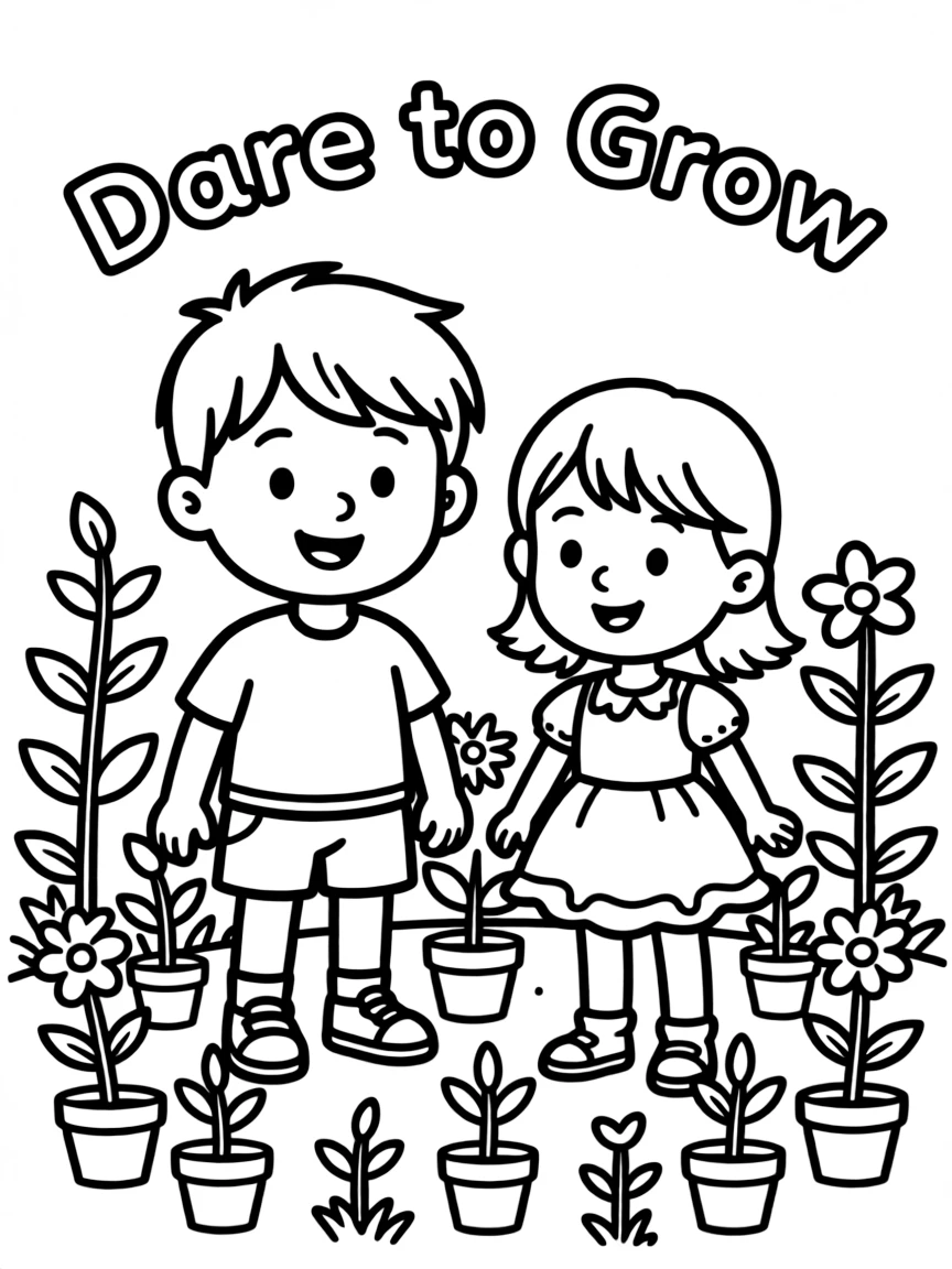 **Dare to Grow** evolving coloring page, include the text "Dare to Grow".