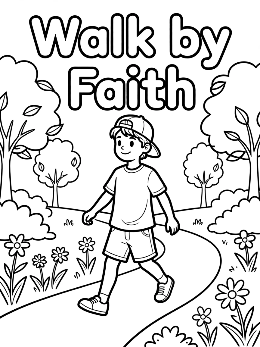 **Walk by Faith** spiritual coloring page, include the text "Walk by Faith".