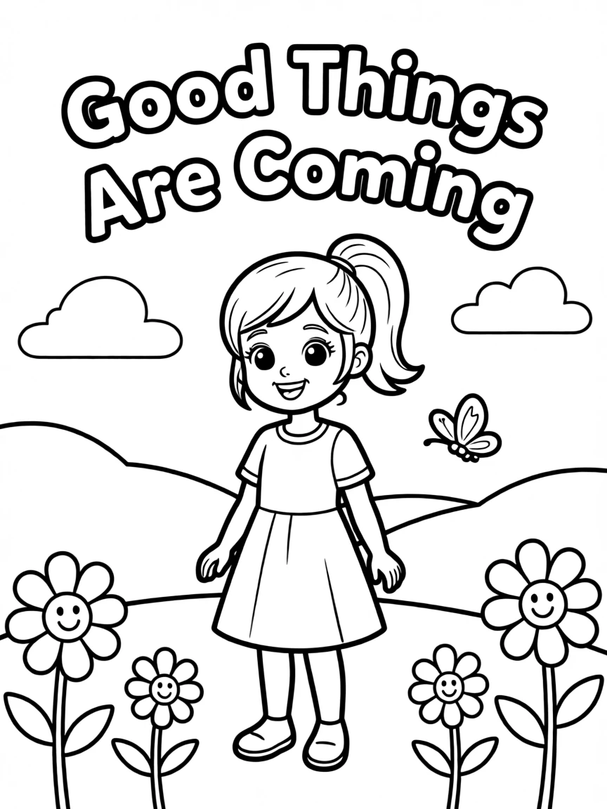 **Good Things Are Coming** optimistic coloring page, include the text "Good Things Are Coming".
