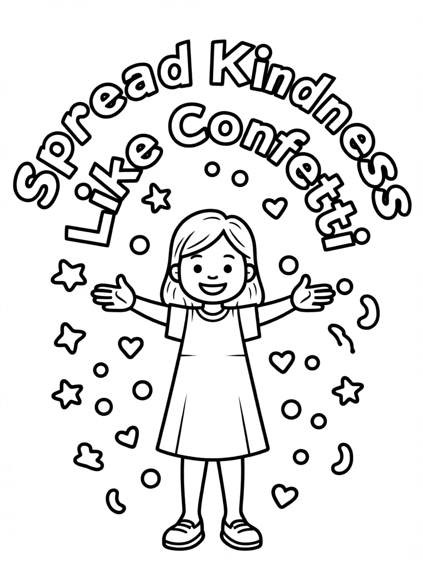 **Spread Kindness Like Confetti** celebratory coloring page, include the text "Spread Kindness Like Confetti".