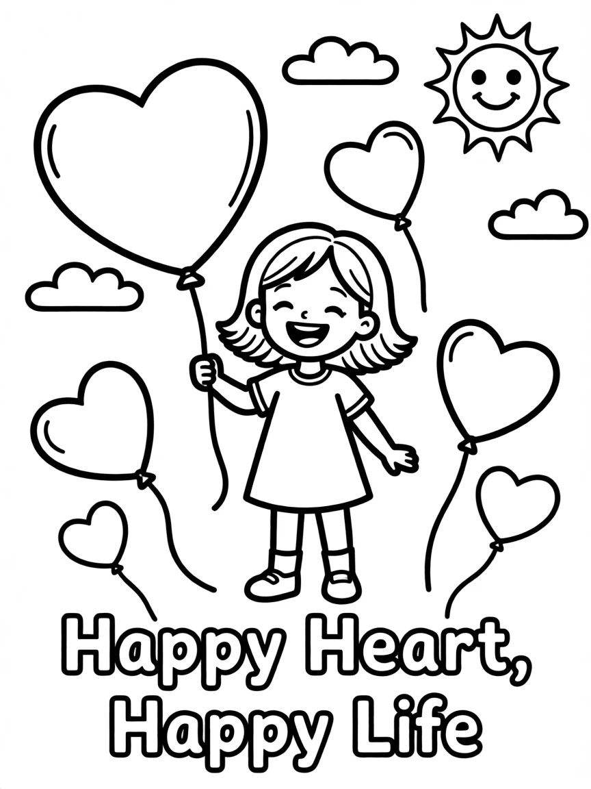 **Happy Heart, Happy Life** joyful coloring page, include the text "Happy Heart, Happy Life".