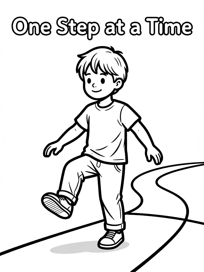 **One Step at a Time** progress coloring page, include the text "One Step at a Time".