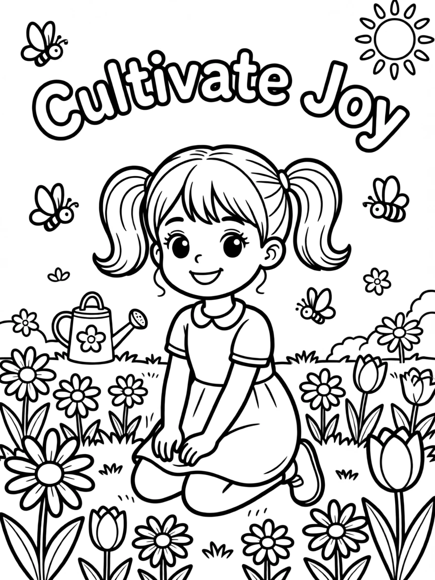 **Cultivate Joy** nurturing coloring page, include the text "Cultivate Joy".