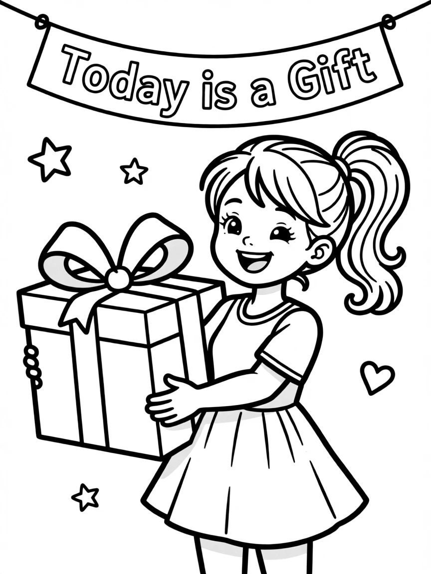 **Today is a Gift** present coloring page, include the text "Today is a Gift".