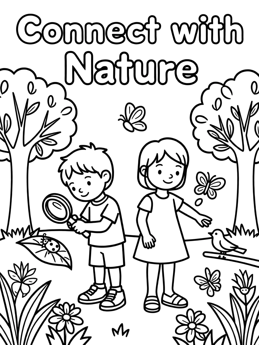 **Connect with Nature** outdoorsy coloring page, include the text "Connect with Nature".