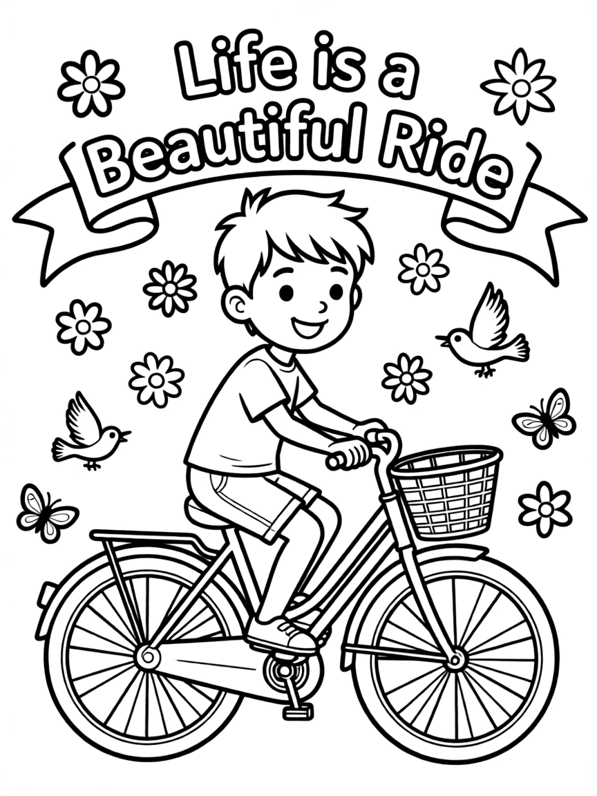 **Life is a Beautiful Ride** journey coloring page, include the text "Life is a Beautiful Ride".