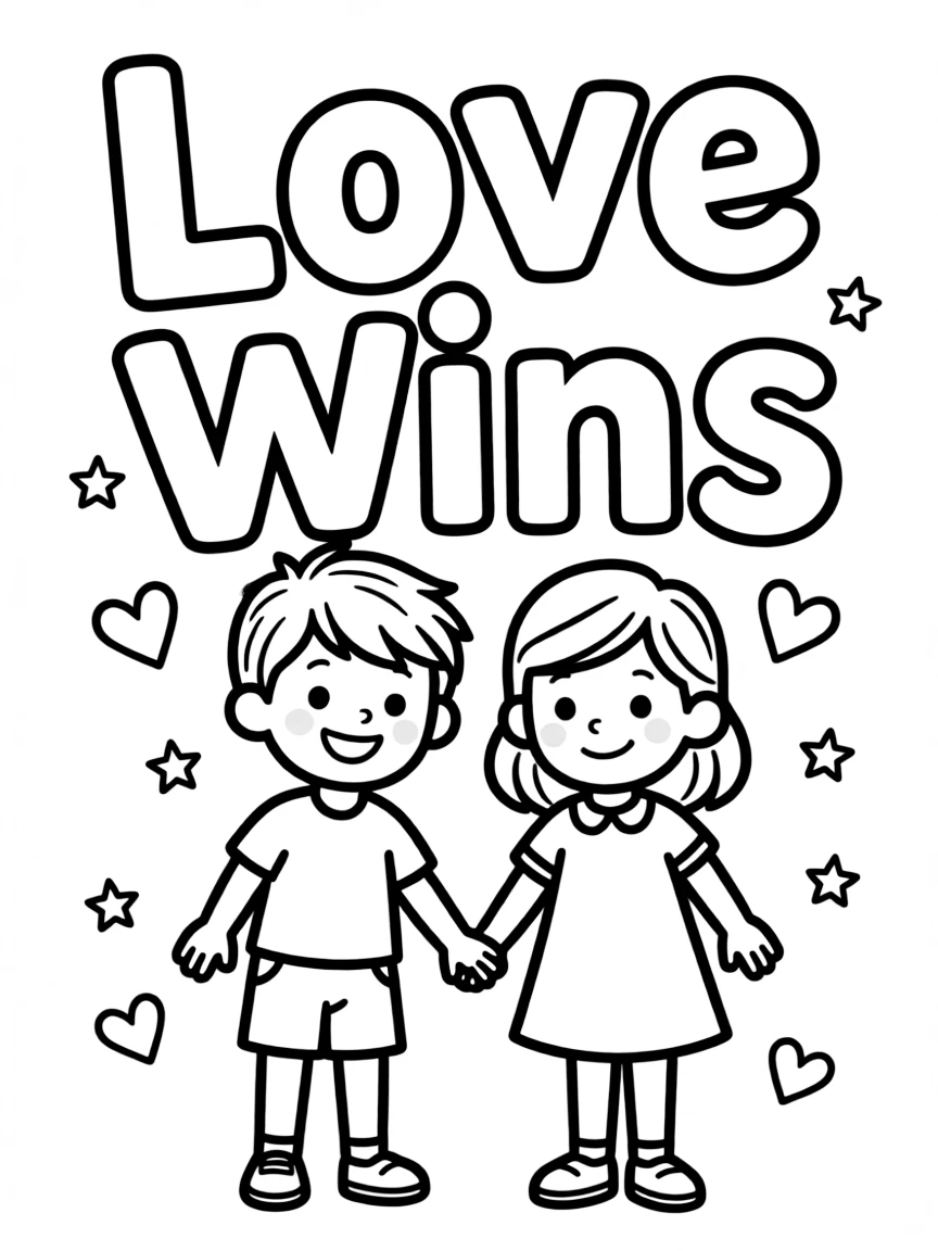 **Love Wins** affectionate coloring page, include the text "Love Wins".