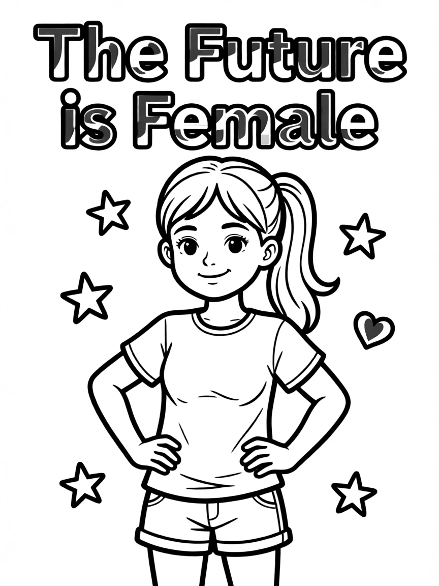 **The Future is Female** empowering coloring page, include the text "The Future is Female".