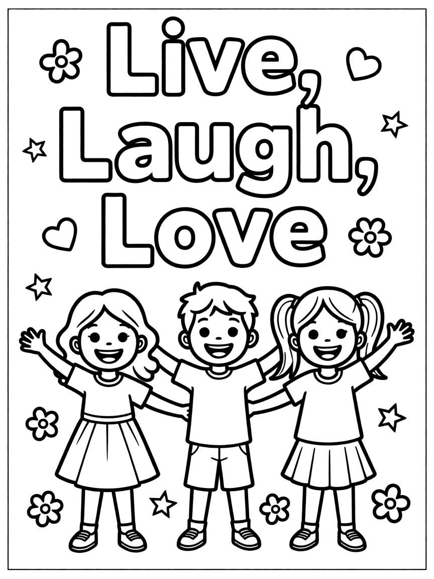 **Live, Laugh, Love** joyful coloring page, include the text "Live, Laugh, Love".