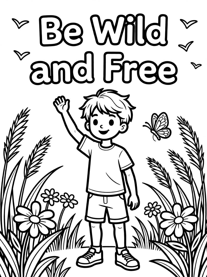 **Be Wild and Free** adventurous coloring page, include the text "Be Wild and Free".