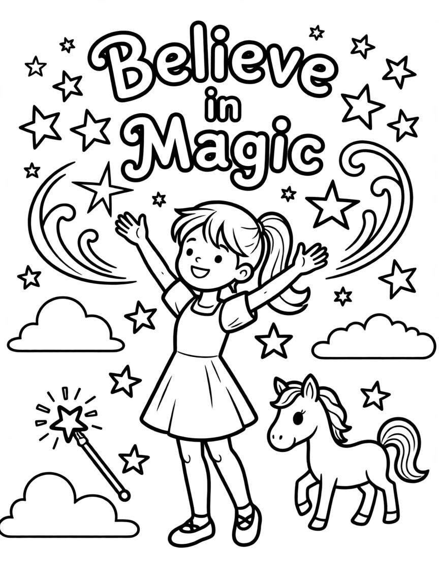**Believe in Magic** whimsical coloring page, include the text "Believe in Magic".