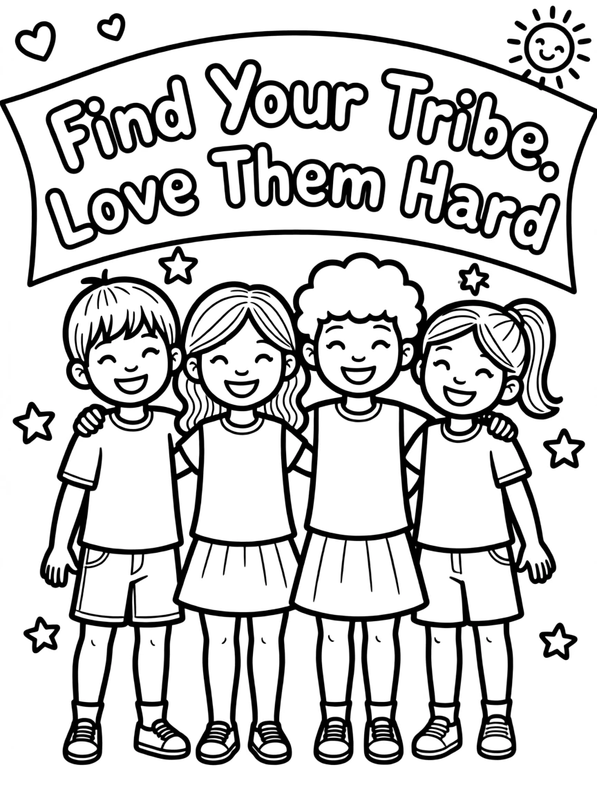 **Find Your Tribe, Love Them Hard** community coloring page, include the text "Find Your Tribe, Love Them Hard".