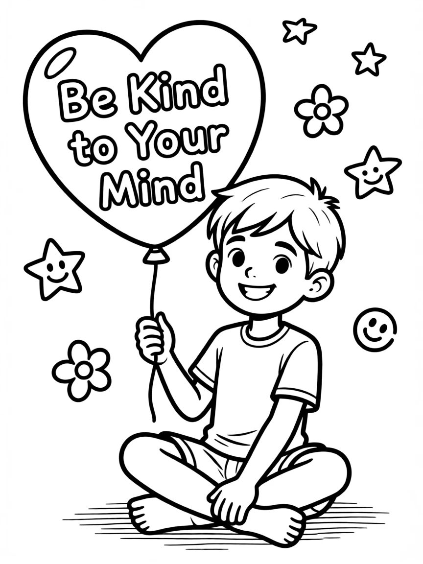 **Be Kind to Your Mind** mental health coloring page, include the text "Be Kind to Your Mind".