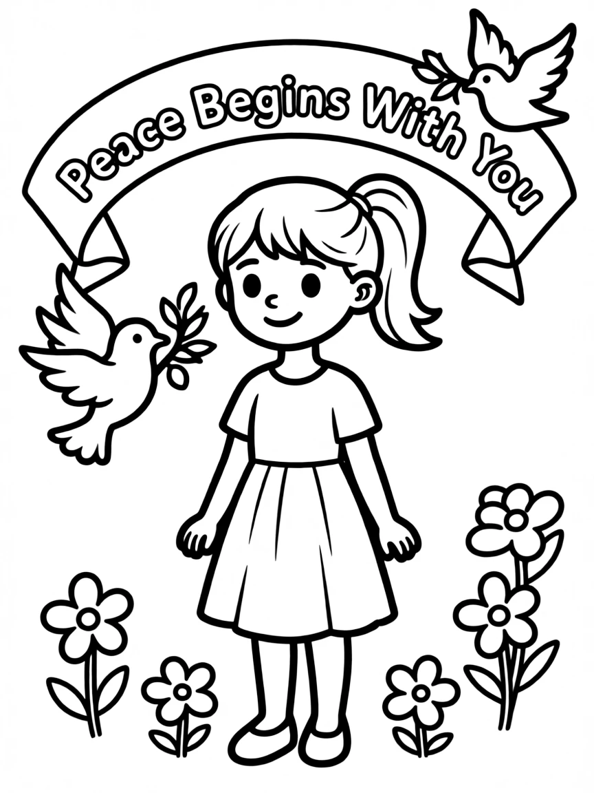 **Peace Begins With You** serene coloring page, include the text "Peace Begins With You".