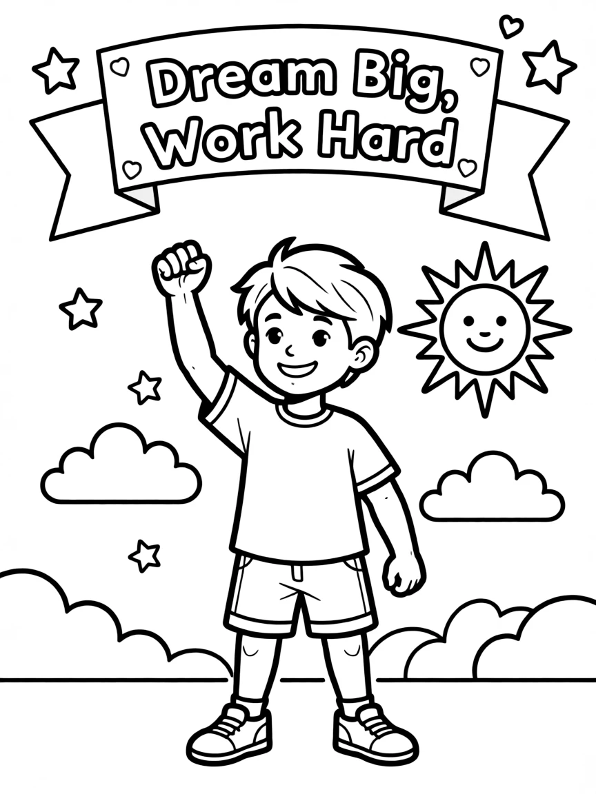 **Dream Big, Work Hard** ambitious coloring page, include the text "Dream Big, Work Hard".