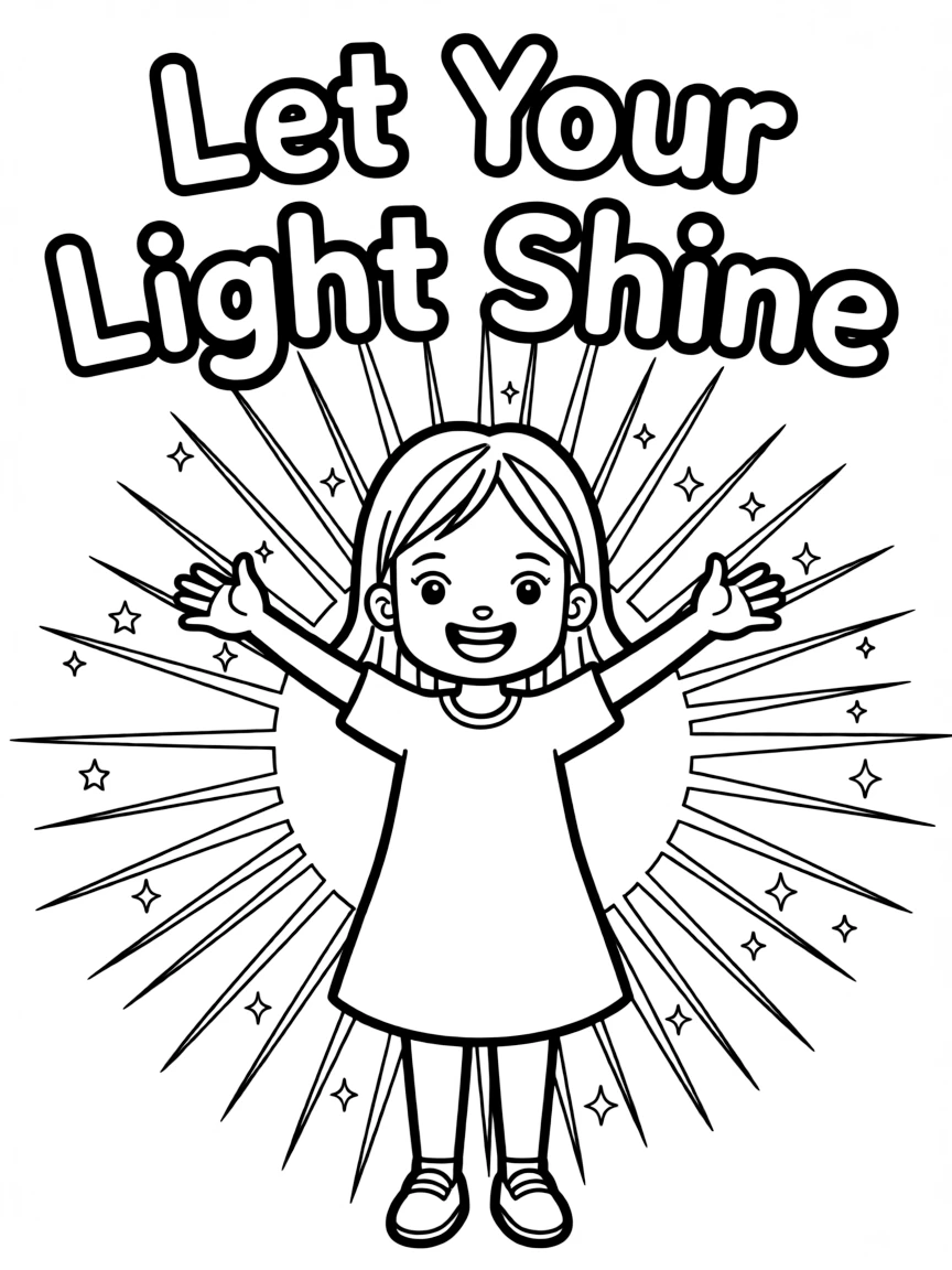 **Let Your Light Shine** radiant coloring page, include the text "Let Your Light Shine".