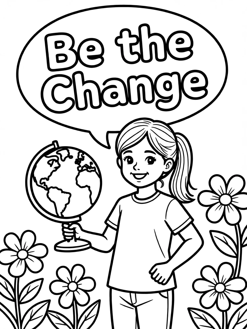 **Be the Change** activism coloring page, include the text "Be the Change".