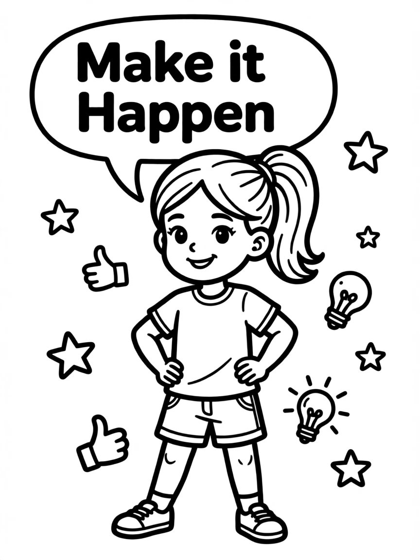 **Make it Happen** action-oriented coloring page, include the text "Make it Happen".