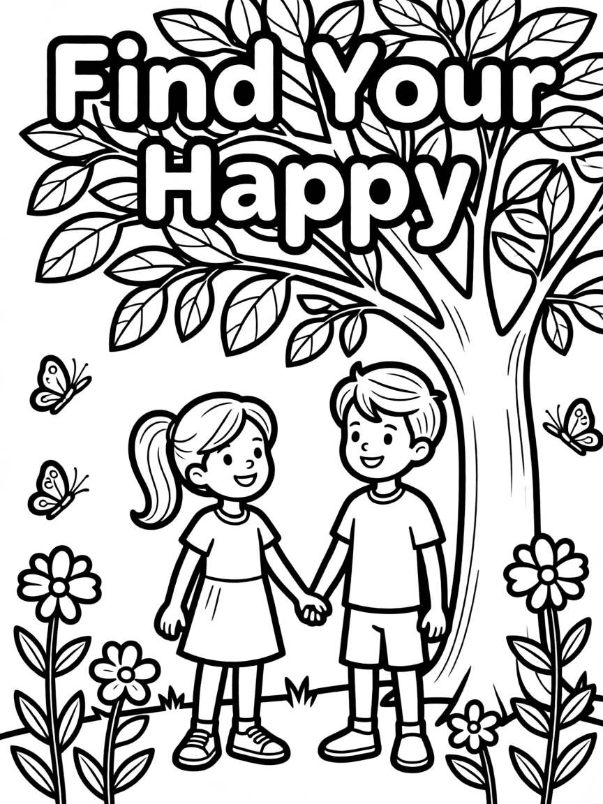 **Find Your Happy** cheerful coloring page, include the text "Find Your Happy".