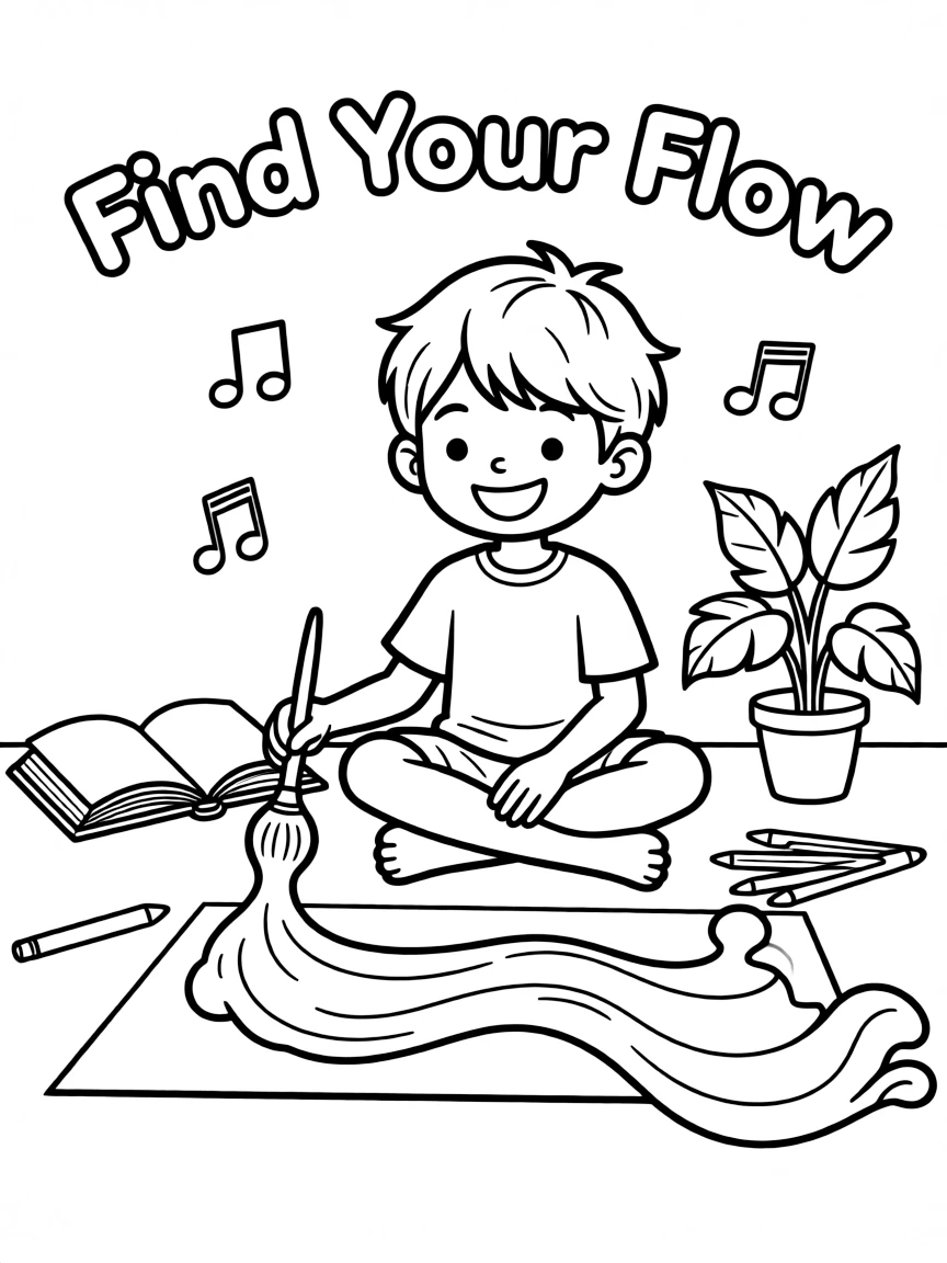 **Find Your Flow** effortless movement coloring page, include the text "Find Your Flow".