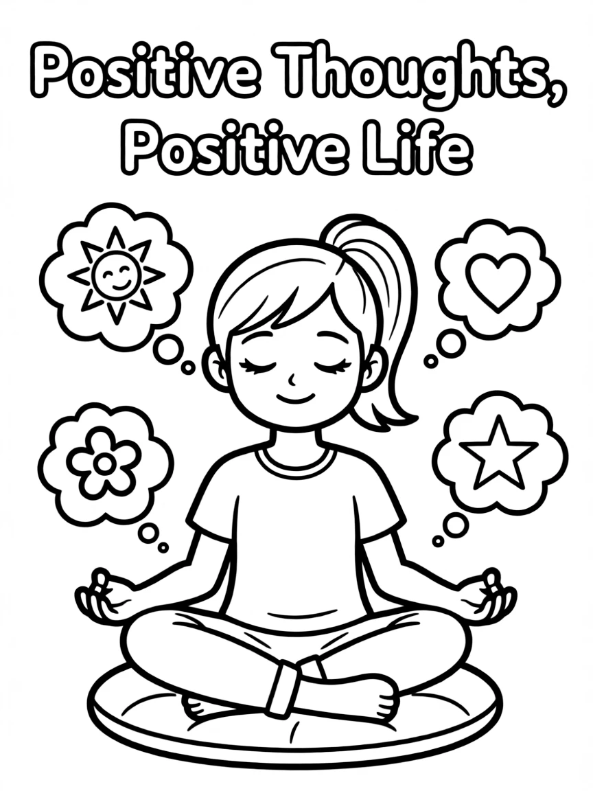 **Positive Thoughts, Positive Life** mindful living coloring page, include the text "Positive Thoughts, Positive Life".