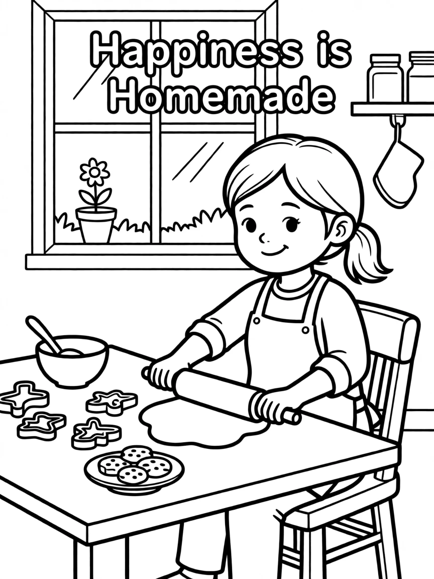 **Happiness is Homemade** cozy joy coloring page, include the text "Happiness is Homemade".