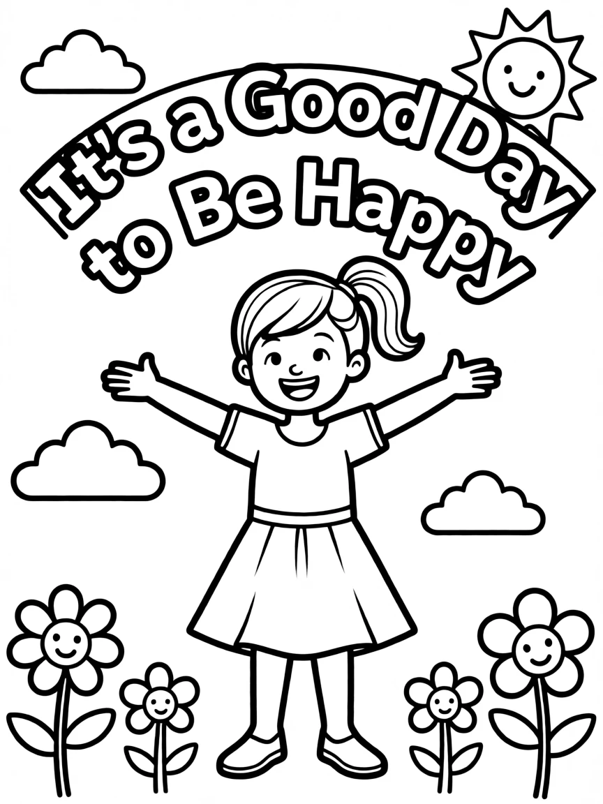 **It's a Good Day to Be Happy** cheerful coloring page, include the text "It's a Good Day to Be Happy".