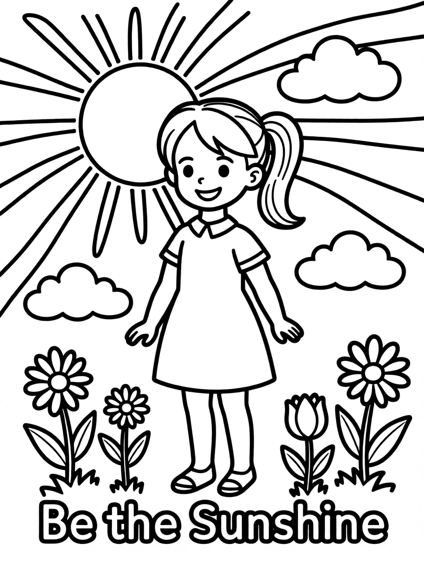 **Be the Sunshine** radiating positivity coloring page, include the text "Be the Sunshine".