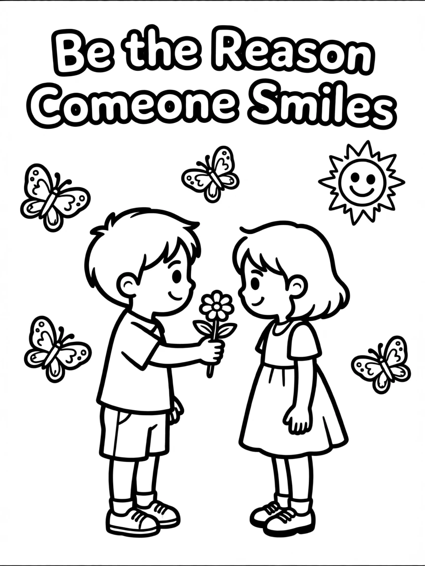 **Be the Reason Someone Smiles** kind action coloring page, include the text "Be the Reason Someone Smiles".