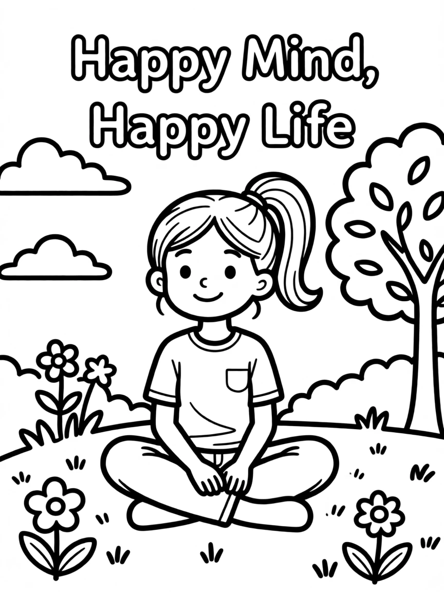 **Happy Mind, Happy Life** mindful living coloring page, include the text "Happy Mind, Happy Life".