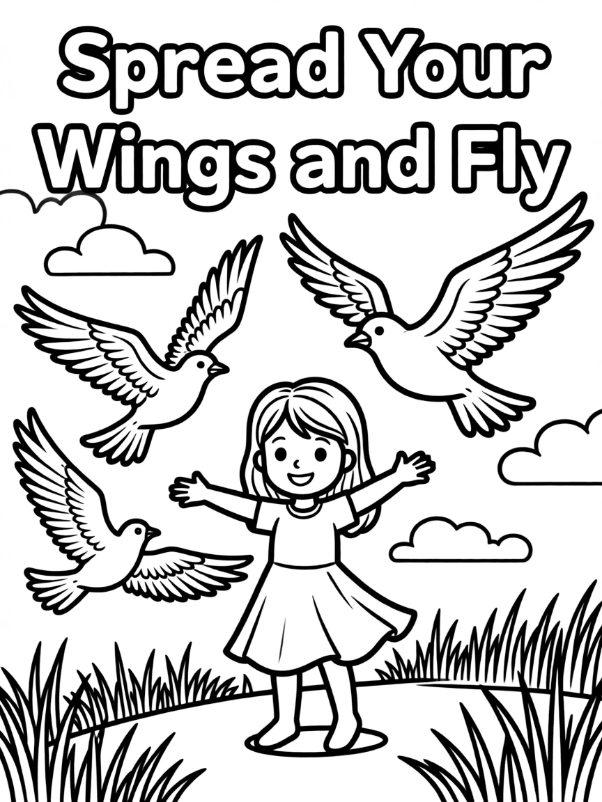**Spread Your Wings and Fly** freedom coloring page, include the text "Spread Your Wings and Fly".