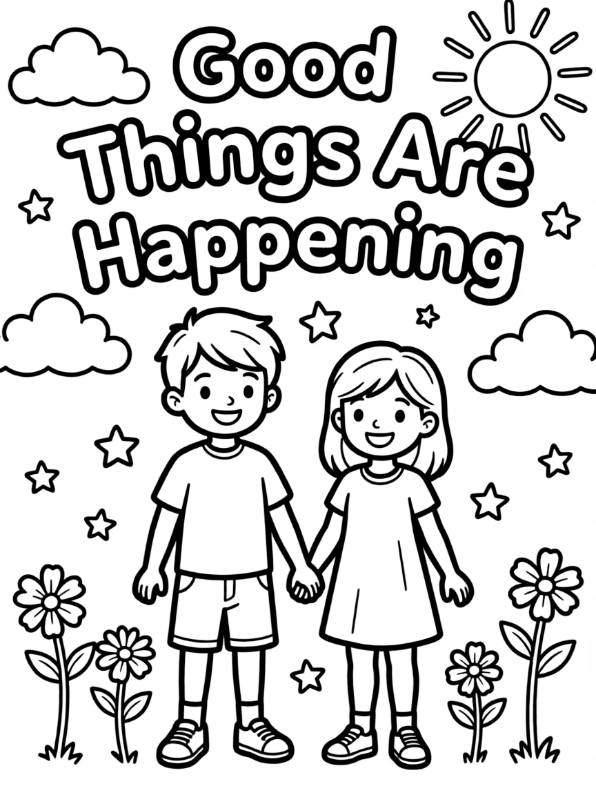 **Good Things Are Happening** optimistic outlook coloring page, include the text "Good Things Are Happening".