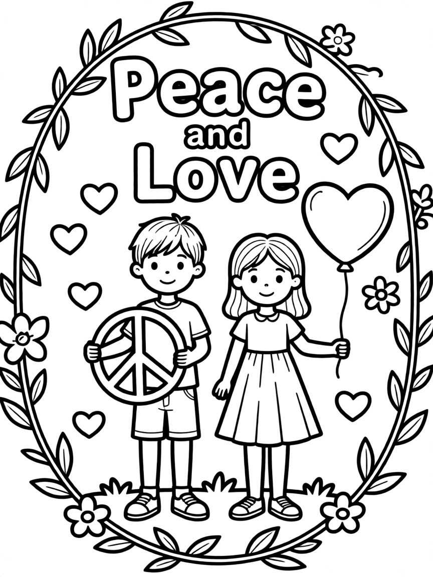 **Peace and Love** harmonious coloring page, include the text "Peace and Love".