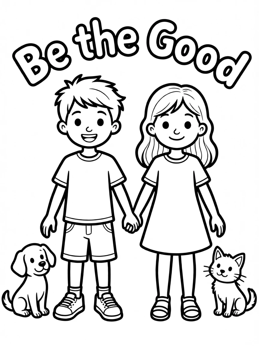 **Be the Good** impactful action coloring page, include the text "Be the Good".