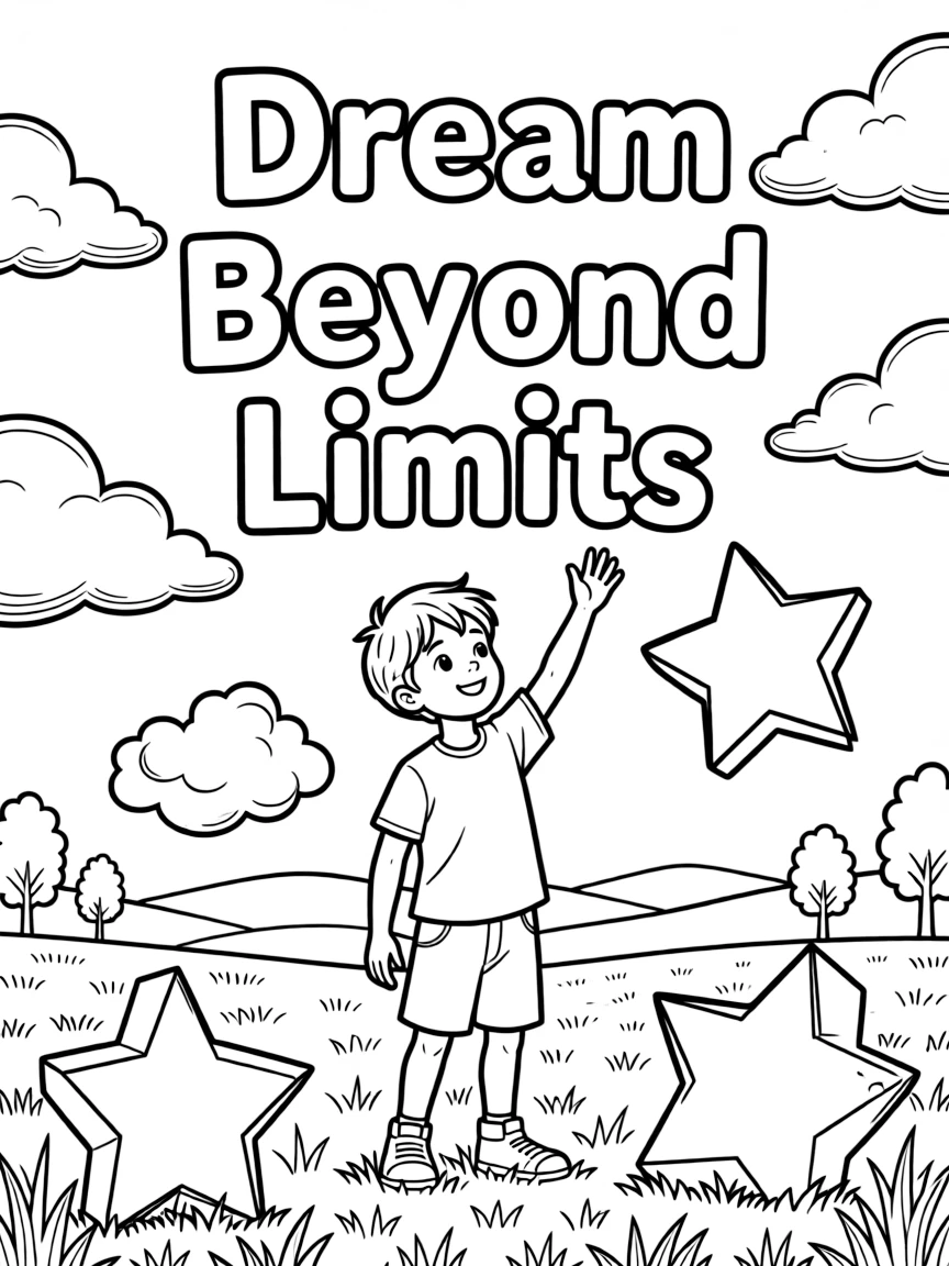 **Dream Beyond Limits** expansive dream coloring page, include the text "Dream Beyond Limits".