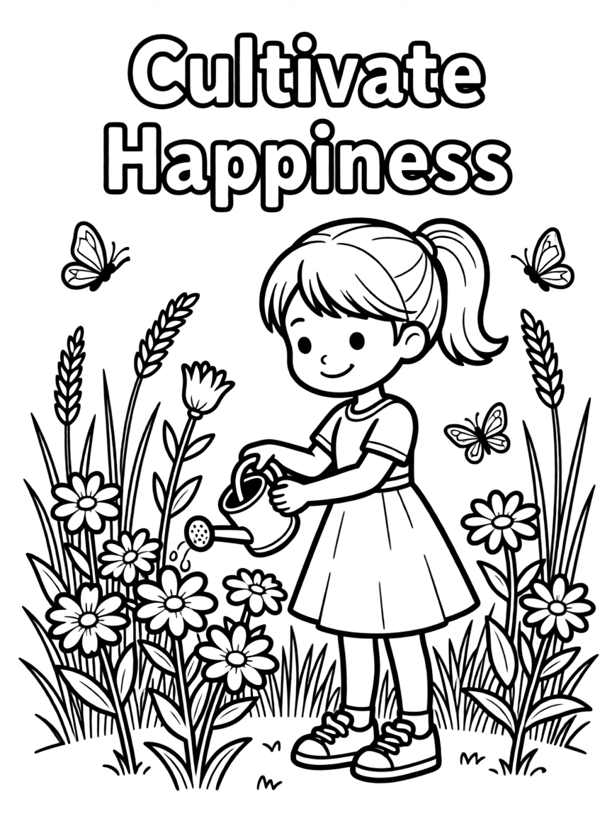 **Cultivate Happiness** nurturing joy coloring page, include the text "Cultivate Happiness".
